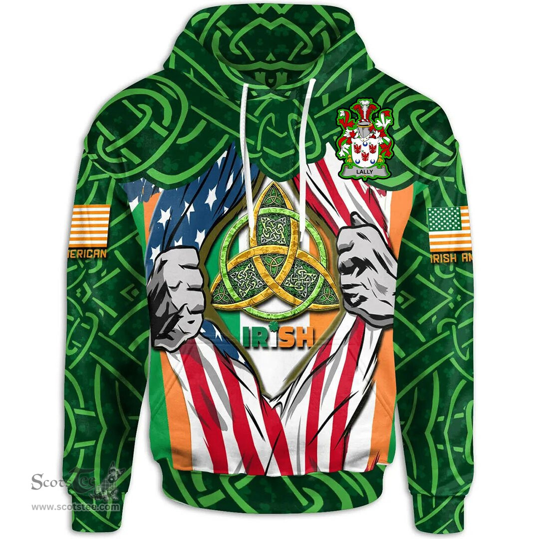 ScotsTee Shop Irish Lally or O'Mullally Family Crest Irish American Flag Hoodie Irish Roots Hoodie