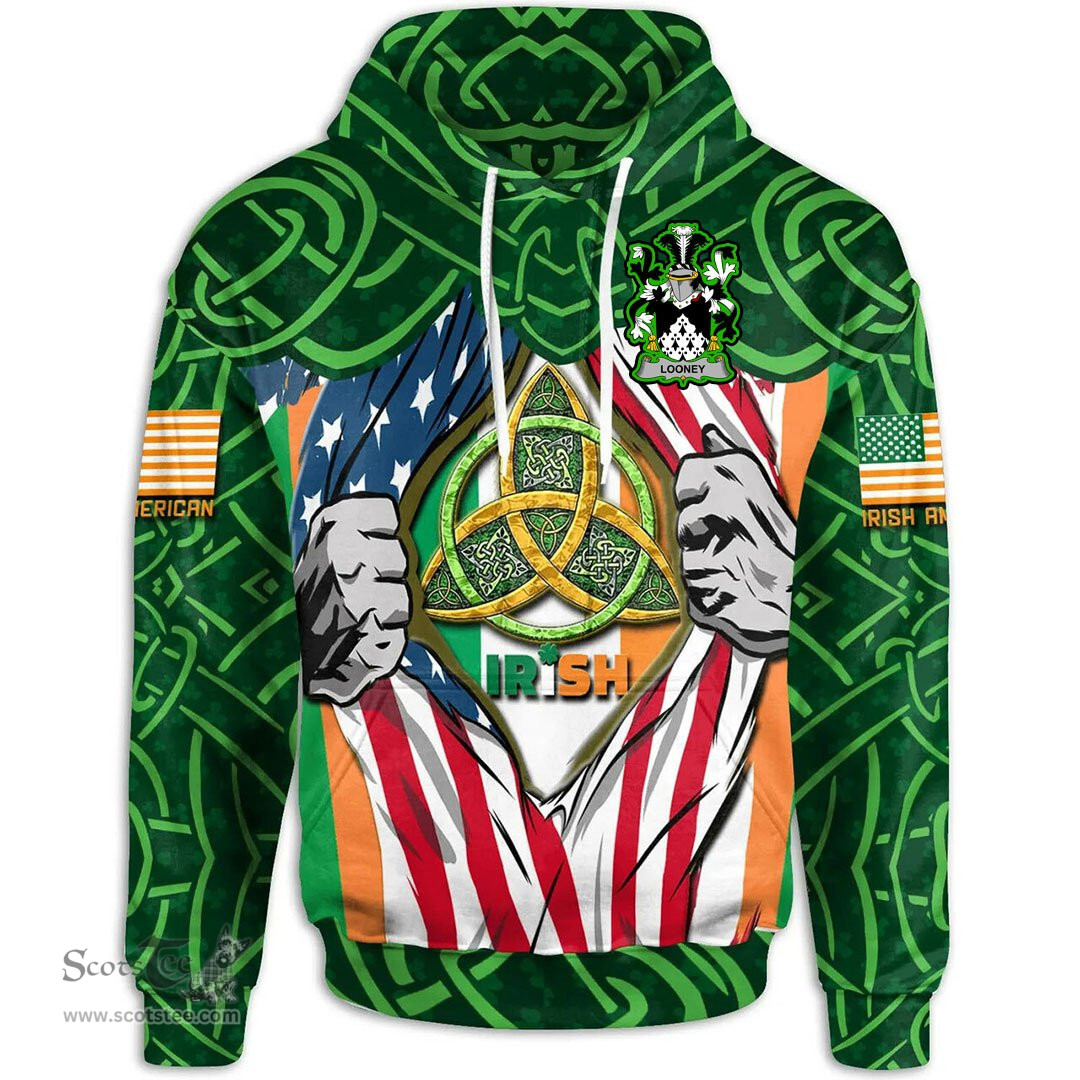 ScotsTee Shop Irish Looney or O'Lunney Family Crest Irish American Flag Hoodie Irish Roots Hoodie