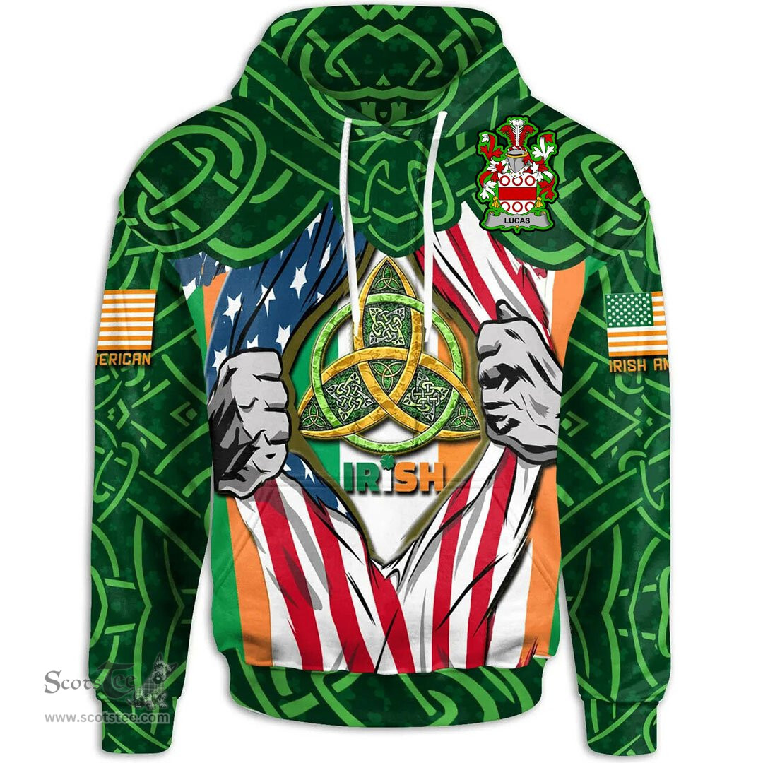 ScotsTee Shop Irish Lucas or Luke Family Crest Irish American Flag Hoodie Irish Roots Hoodie