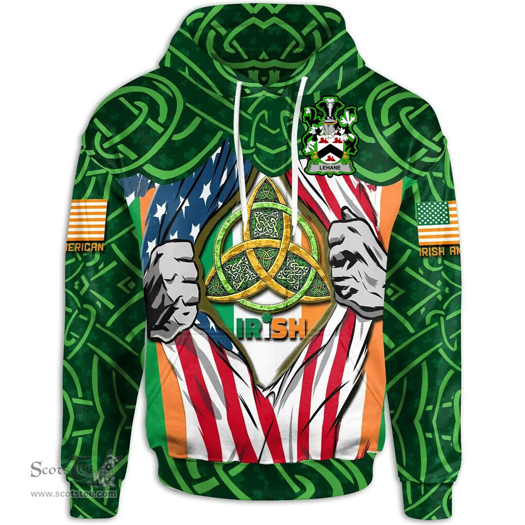 ScotsTee Shop Irish Lehane or O'Lehane Family Crest Irish American Flag Hoodie Irish Roots Hoodie
