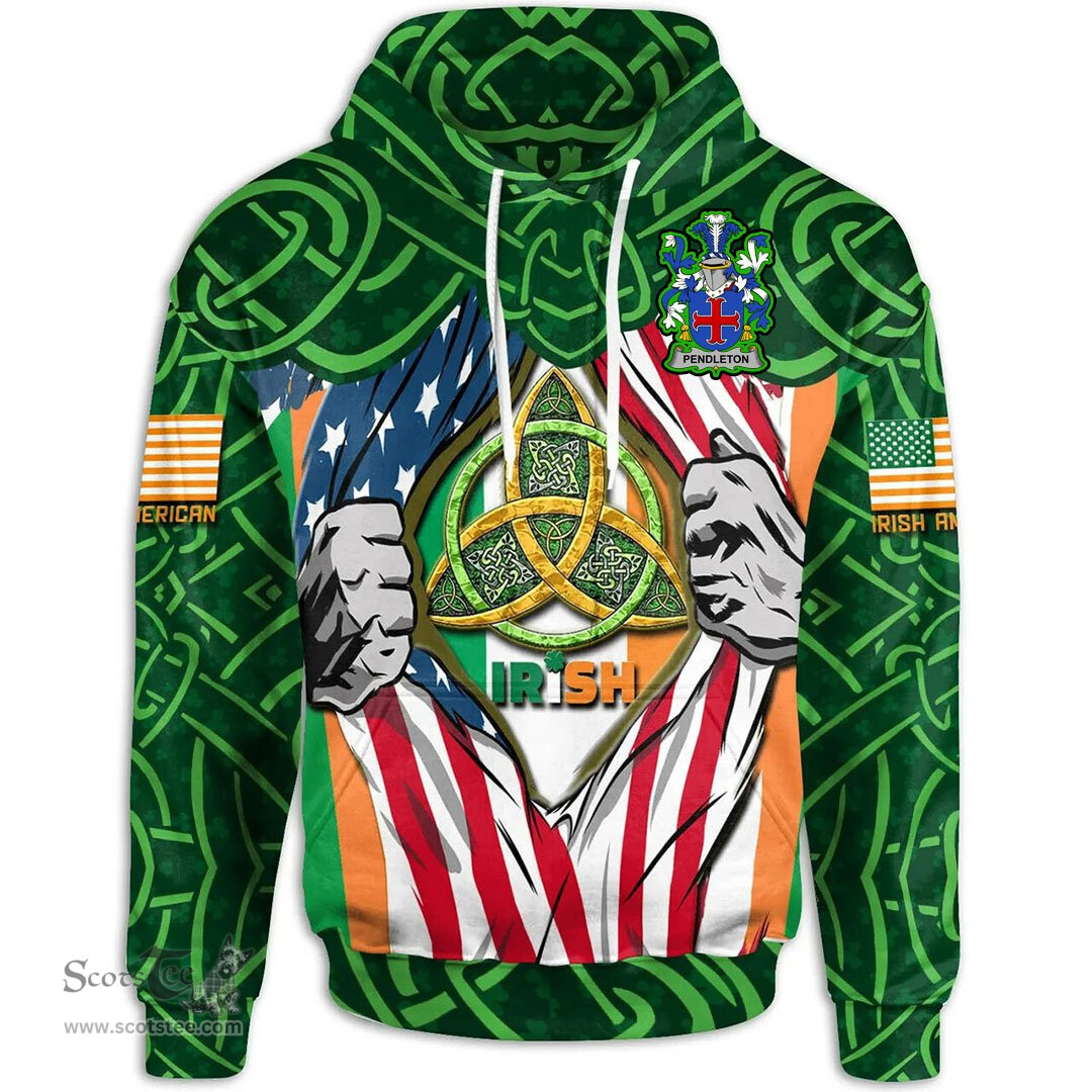 ScotsTee Shop Irish Pendleton Family Crest Irish American Flag Hoodie Irish Roots Hoodie