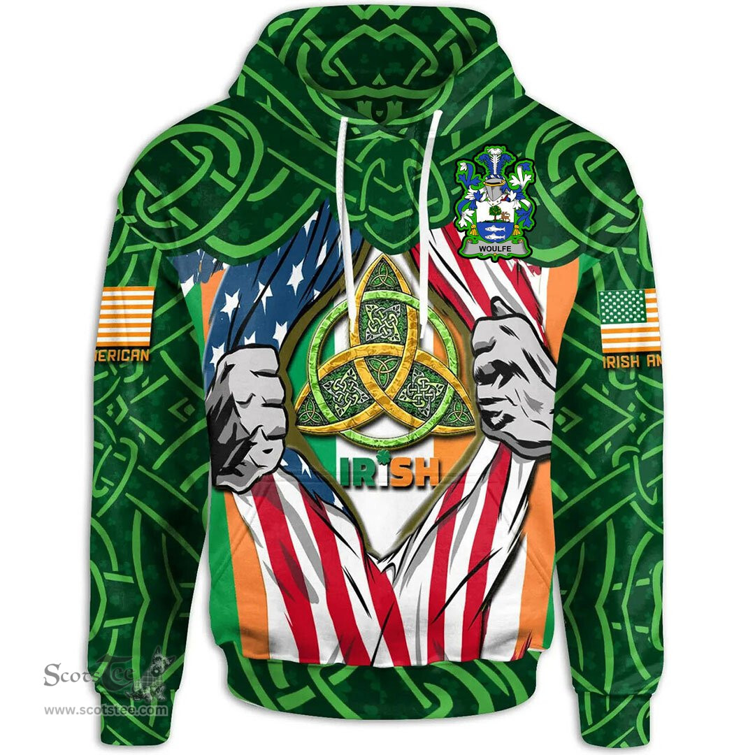ScotsTee Shop Irish Woulfe Family Crest Irish American Flag Hoodie Irish Roots Hoodie