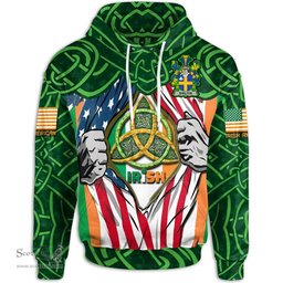 ScotsTee Shop Irish Shelton Family Crest Irish American Flag Hoodie Irish Roots Hoodie