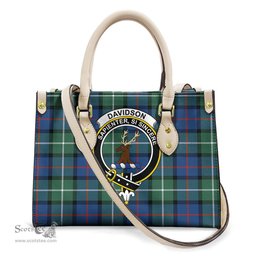 ScotsTee Shop Scottish Davidson of Tulloch Clan Crest Tartan Leather Bag with Shoulder Strap