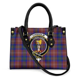 ScotsTee Shop Scottish Chisholm Hunting Modern Clan Crest Tartan Leather Bag with Shoulder Strap