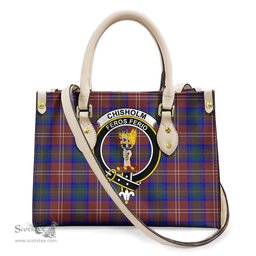 ScotsTee Shop Scottish Chisholm Hunting Modern Clan Crest Tartan Leather Bag with Shoulder Strap