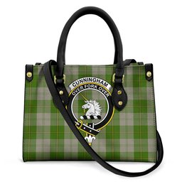 ScotsTee Shop Scottish Cunningham Dress Green Dancers Clan Crest Tartan Leather Bag with Shoulder Strap