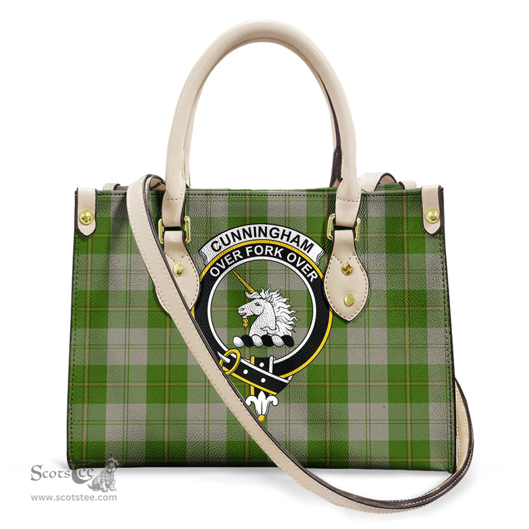 ScotsTee Shop Scottish Cunningham Dress Green Dancers Clan Crest Tartan Leather Bag with Shoulder Strap