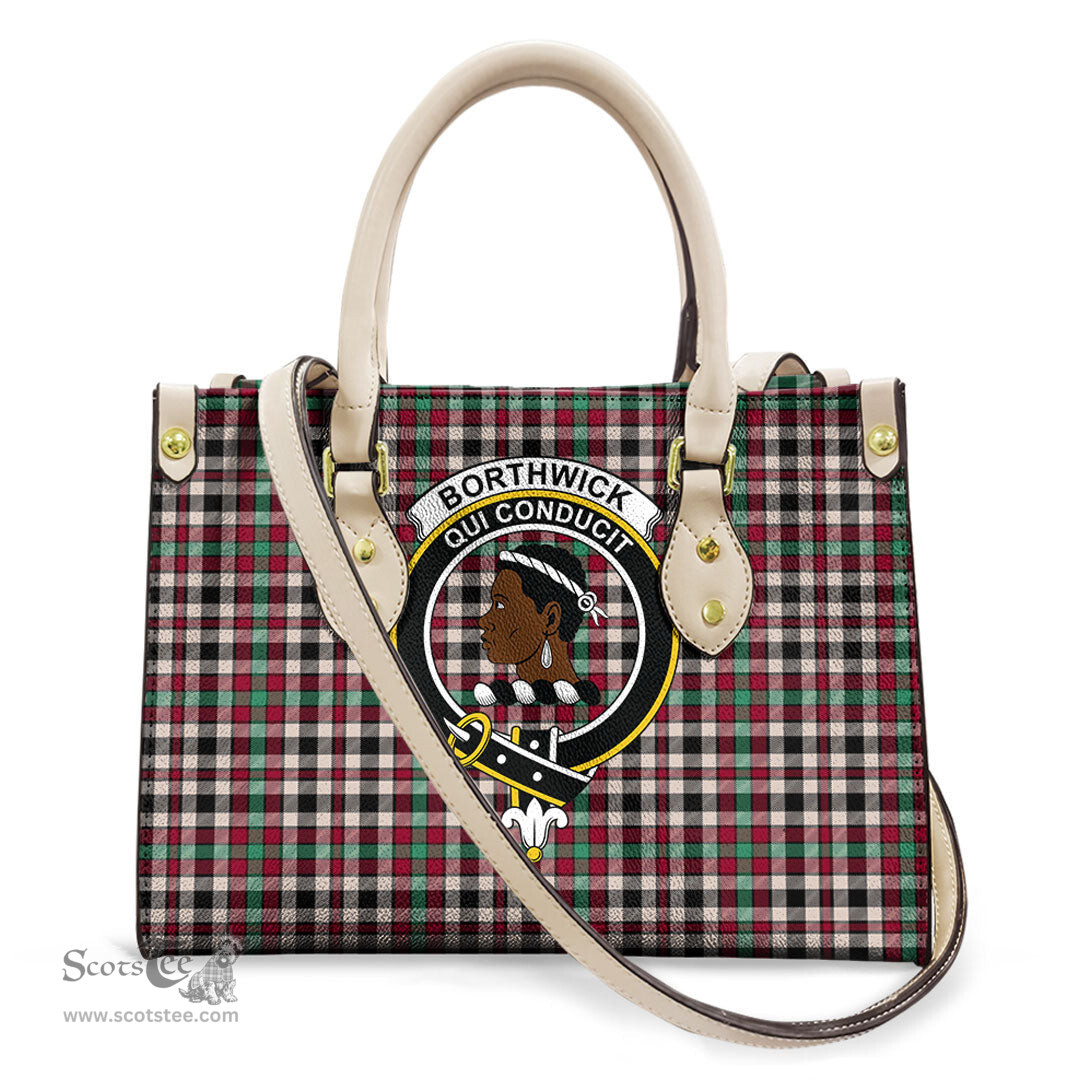 ScotsTee Shop Scottish Borthwick Dress Ancient Clan Crest Tartan Leather Bag with Shoulder Strap