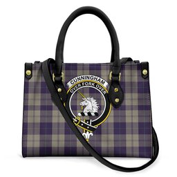 ScotsTee Shop Scottish Cunningham Dress Blue Dancers Clan Crest Tartan Leather Bag with Shoulder Strap