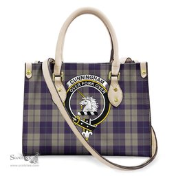 ScotsTee Shop Scottish Cunningham Dress Blue Dancers Clan Crest Tartan Leather Bag with Shoulder Strap