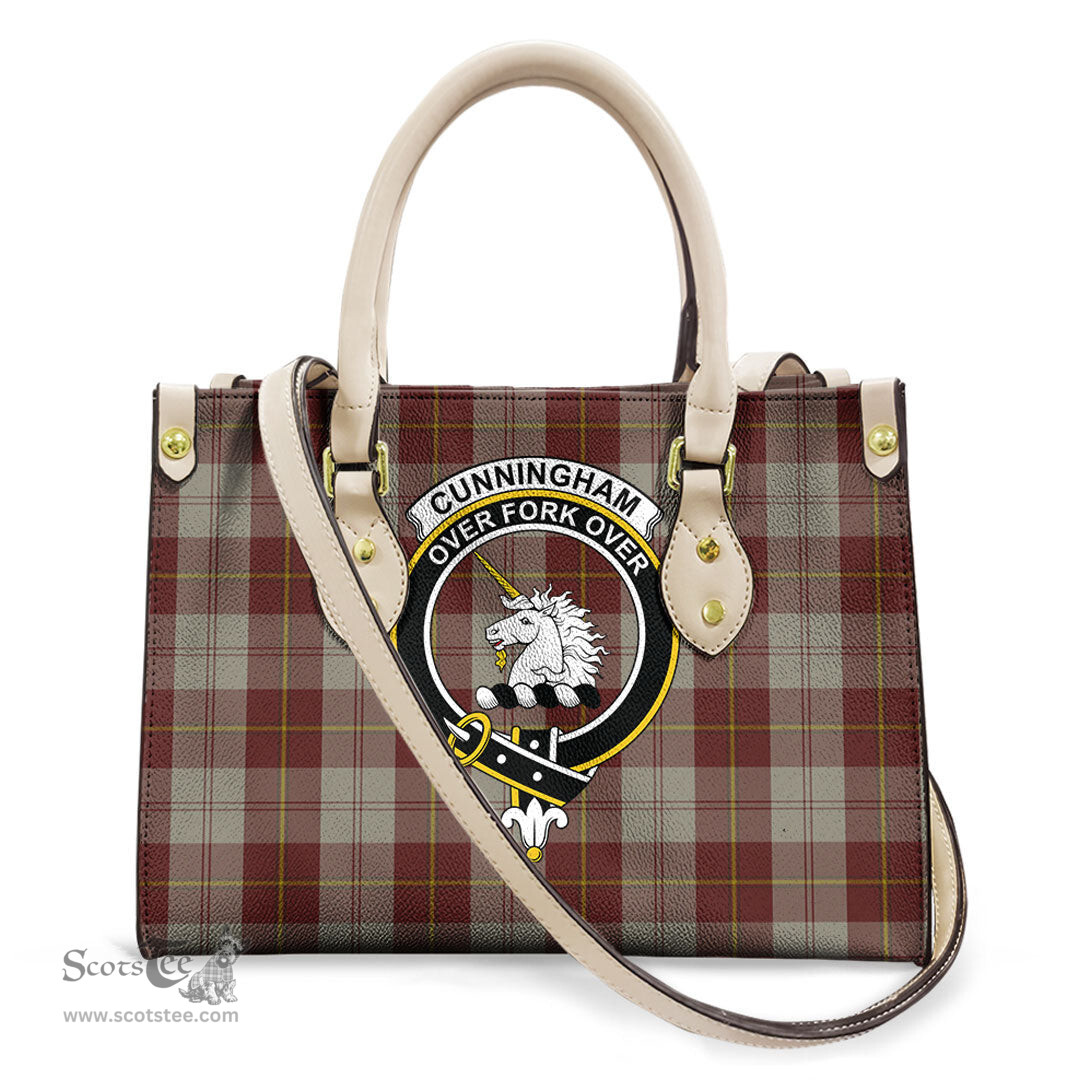 ScotsTee Shop Scottish Cunningham Burgundy Dancers Clan Crest Tartan Leather Bag with Shoulder Strap