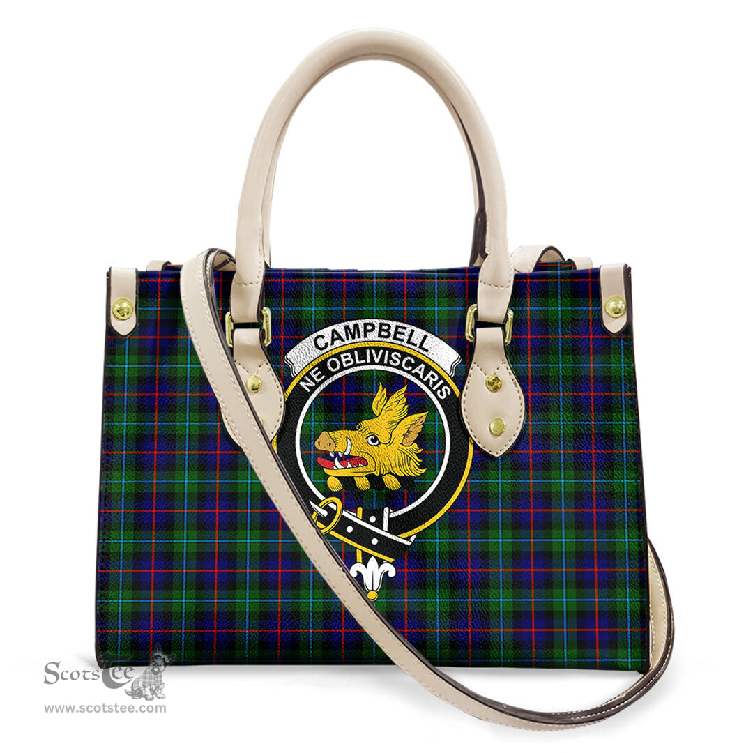 ScotsTee Shop Scottish Campbell of Cawdor Modern Clan Crest Tartan Leather Bag with Shoulder Strap