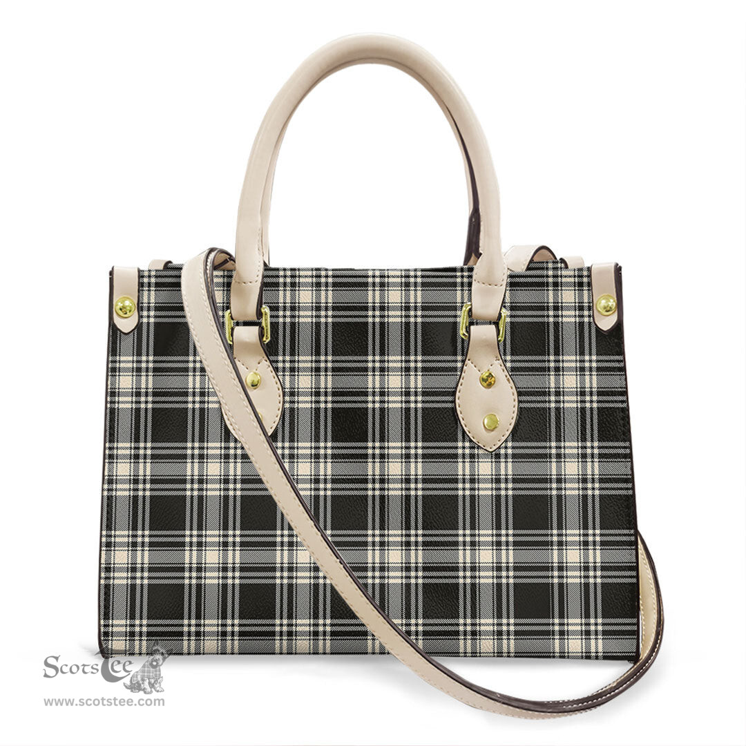ScotsTee Shop Scottish Menzies Black White Ancient Clan Tartan Leather Bag with Shoulder Strap
