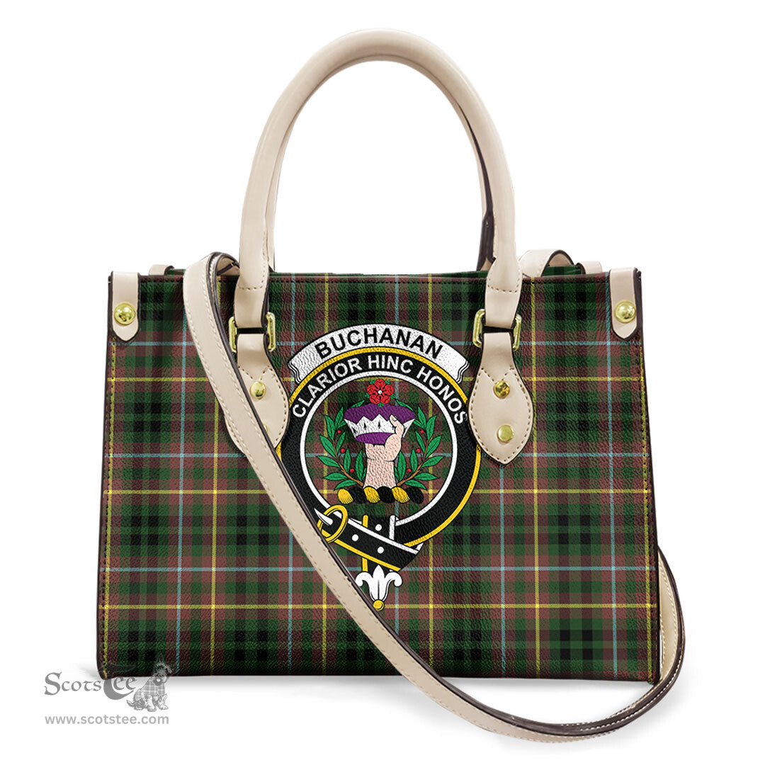 ScotsTee Shop Scottish Buchanan Hunting Clan Crest Tartan Leather Bag with Shoulder Strap