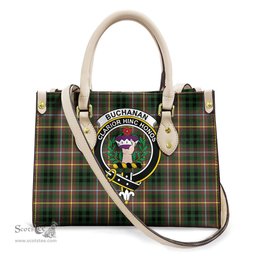 ScotsTee Shop Scottish Buchanan Hunting Clan Crest Tartan Leather Bag with Shoulder Strap