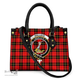 ScotsTee Shop Scottish Wallace Hunting Red Clan Crest Tartan Leather Bag with Shoulder Strap