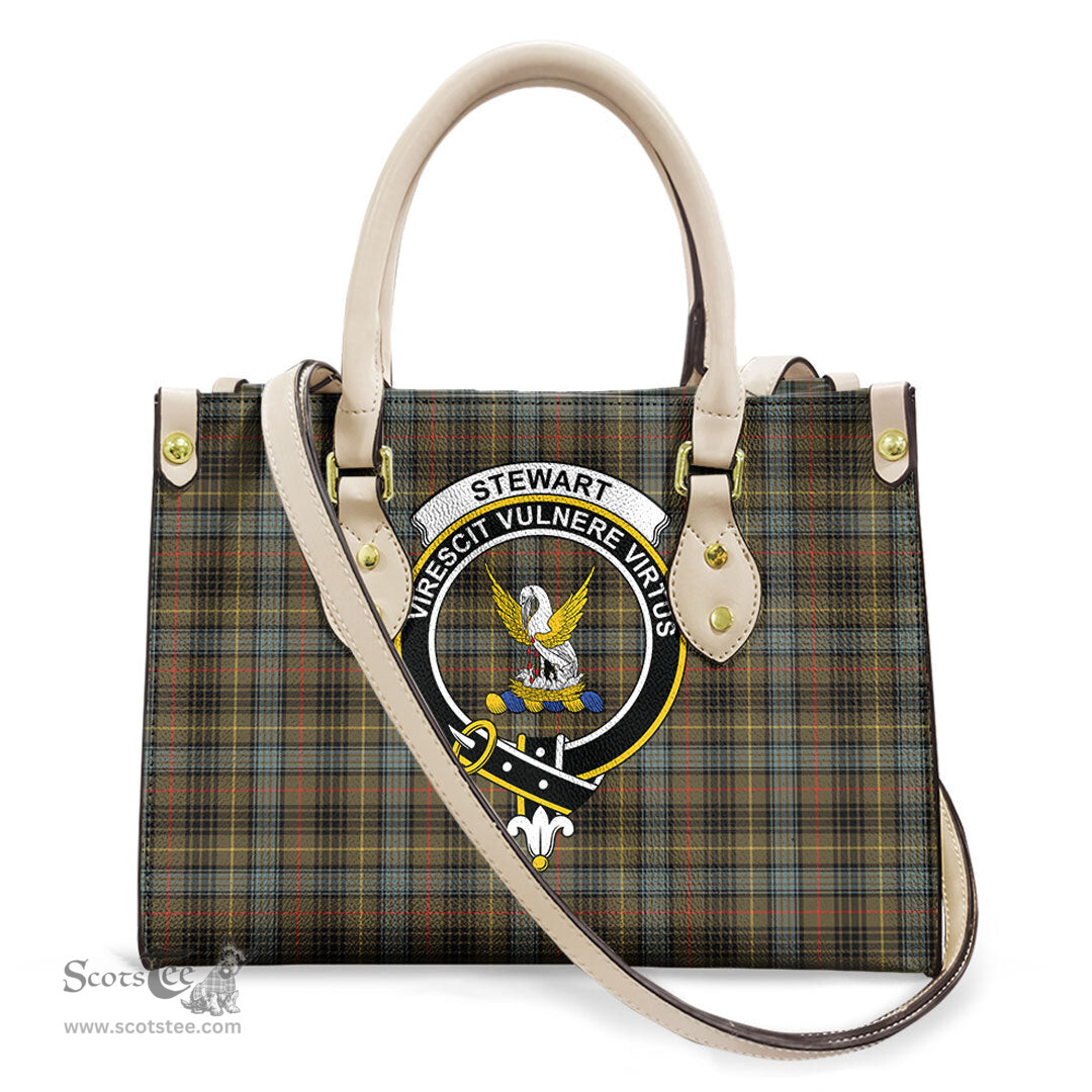 ScotsTee Shop Scottish Stewart Hunting Weathered Clan Crest Tartan Leather Bag with Shoulder Strap