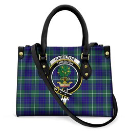 ScotsTee Shop Scottish Hamilton Hunting Modern Clan Crest Tartan Leather Bag with Shoulder Strap