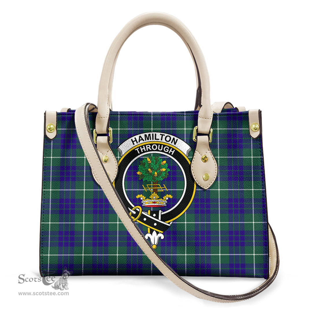 ScotsTee Shop Scottish Hamilton Hunting Modern Clan Crest Tartan Leather Bag with Shoulder Strap