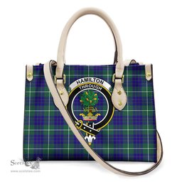 ScotsTee Shop Scottish Hamilton Hunting Modern Clan Crest Tartan Leather Bag with Shoulder Strap