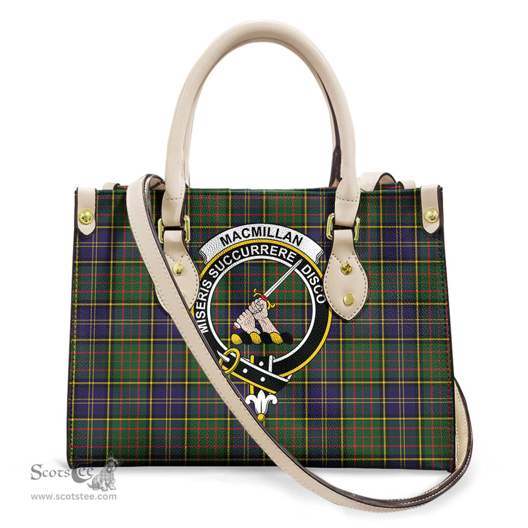 ScotsTee Shop Scottish MacMillan Hunting Modern Clan Crest Tartan Leather Bag with Shoulder Strap
