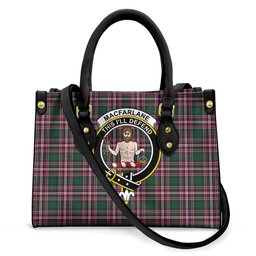 ScotsTee Shop Scottish MacFarlane Hunting Modern Clan Crest Tartan Leather Bag with Shoulder Strap