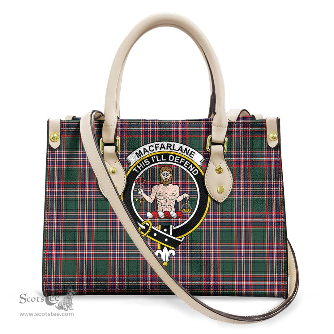 ScotsTee Shop Scottish MacFarlane Hunting Modern Clan Crest Tartan Leather Bag with Shoulder Strap