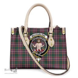 ScotsTee Shop Scottish MacFarlane Hunting Modern Clan Crest Tartan Leather Bag with Shoulder Strap