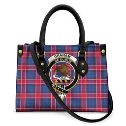 ScotsTee Shop Scottish Graham of Menteith Red Clan Crest Tartan Leather Bag with Shoulder Strap