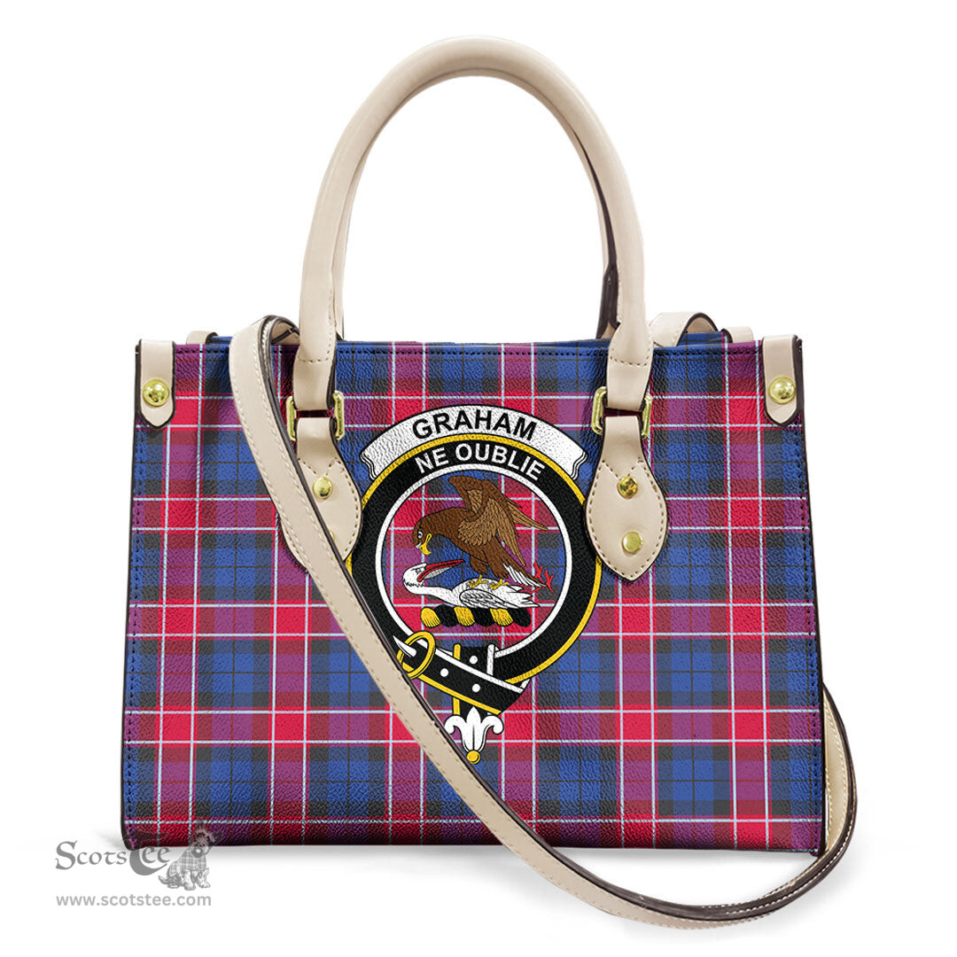 ScotsTee Shop Scottish Graham of Menteith Red Clan Crest Tartan Leather Bag with Shoulder Strap