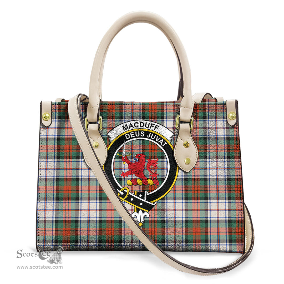 ScotsTee Shop Scottish MacDuff Dress Ancient Clan Crest Tartan Leather Bag with Shoulder Strap