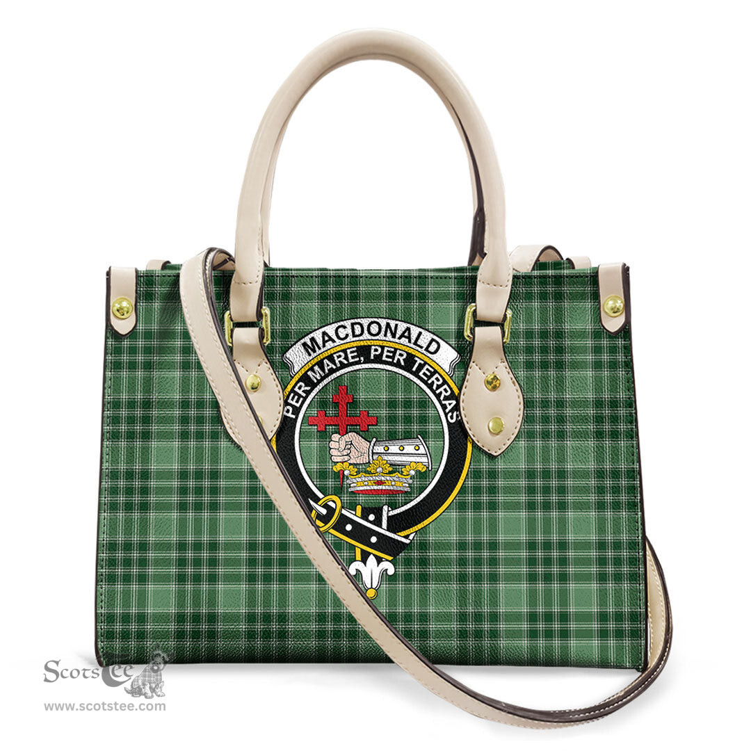 ScotsTee Shop Scottish MacDonald Lord of the Isles Hunting Clan Crest Tartan Leather Bag with Shoulder Strap
