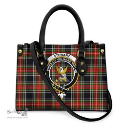 ScotsTee Shop Scottish Stewart Black Clan Crest Tartan Leather Bag with Shoulder Strap