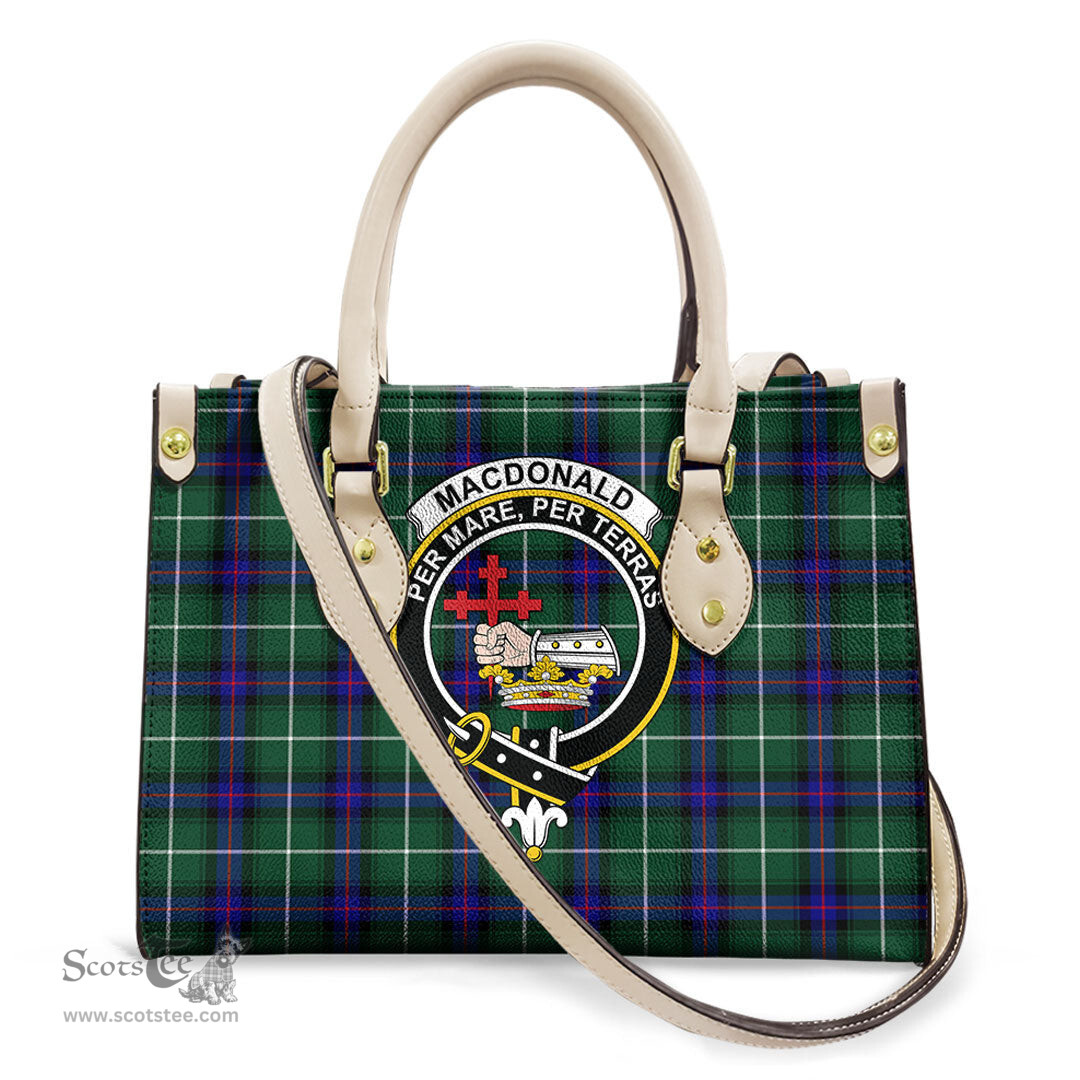ScotsTee Shop Scottish MacDonald of the Isles Hunting Modern Clan Crest Tartan Leather Bag with Shoulder Strap