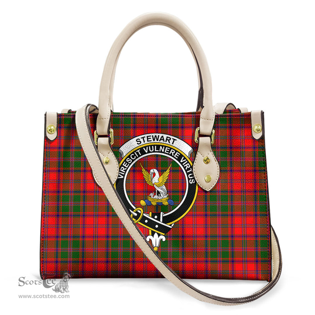 ScotsTee Shop Scottish Stewart of Appin Modern Clan Crest Tartan Leather Bag with Shoulder Strap