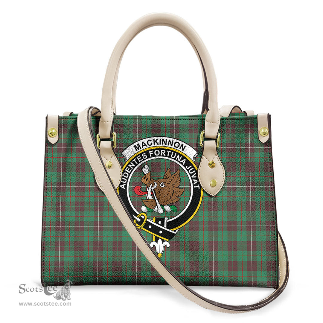 ScotsTee Shop Scottish MacKinnon Hunting Ancient Clan Crest Tartan Leather Bag with Shoulder Strap