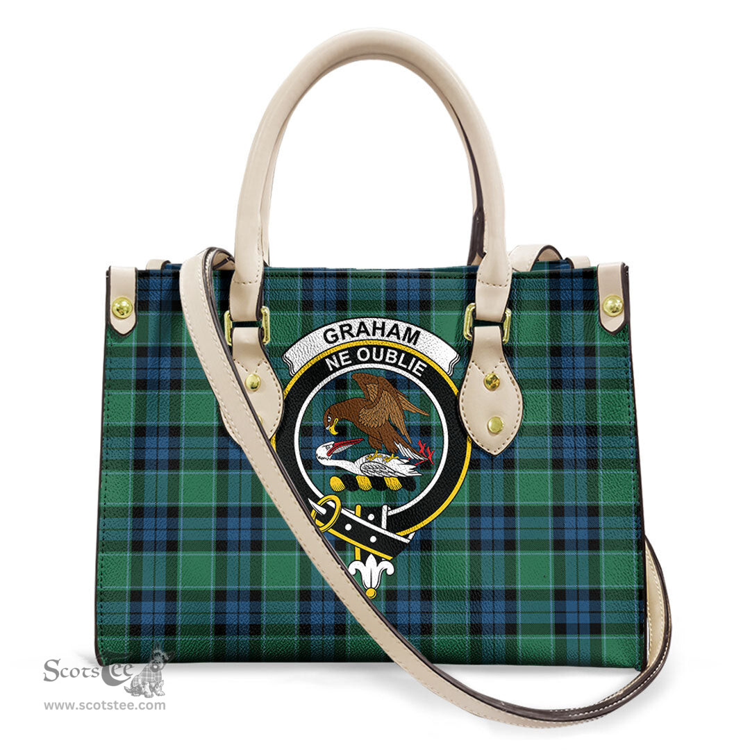 ScotsTee Shop Scottish Graham of Menteith Ancient Clan Crest Tartan Leather Bag with Shoulder Strap