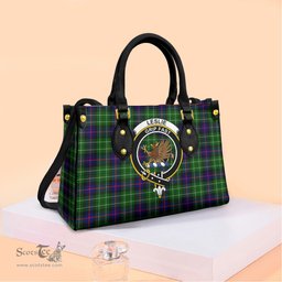 ScotsTee Shop Scottish Leslie Hunting Clan Crest Tartan Leather Bag with Shoulder Strap
