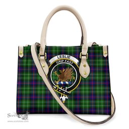 ScotsTee Shop Scottish Leslie Hunting Clan Crest Tartan Leather Bag with Shoulder Strap