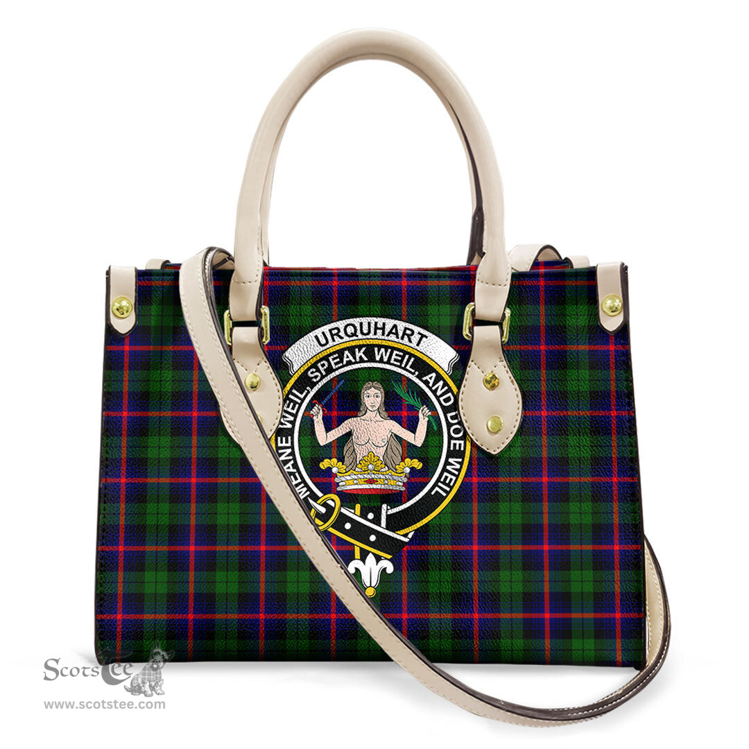 ScotsTee Shop Scottish Urquhart Modern Clan Crest Tartan Leather Bag with Shoulder Strap