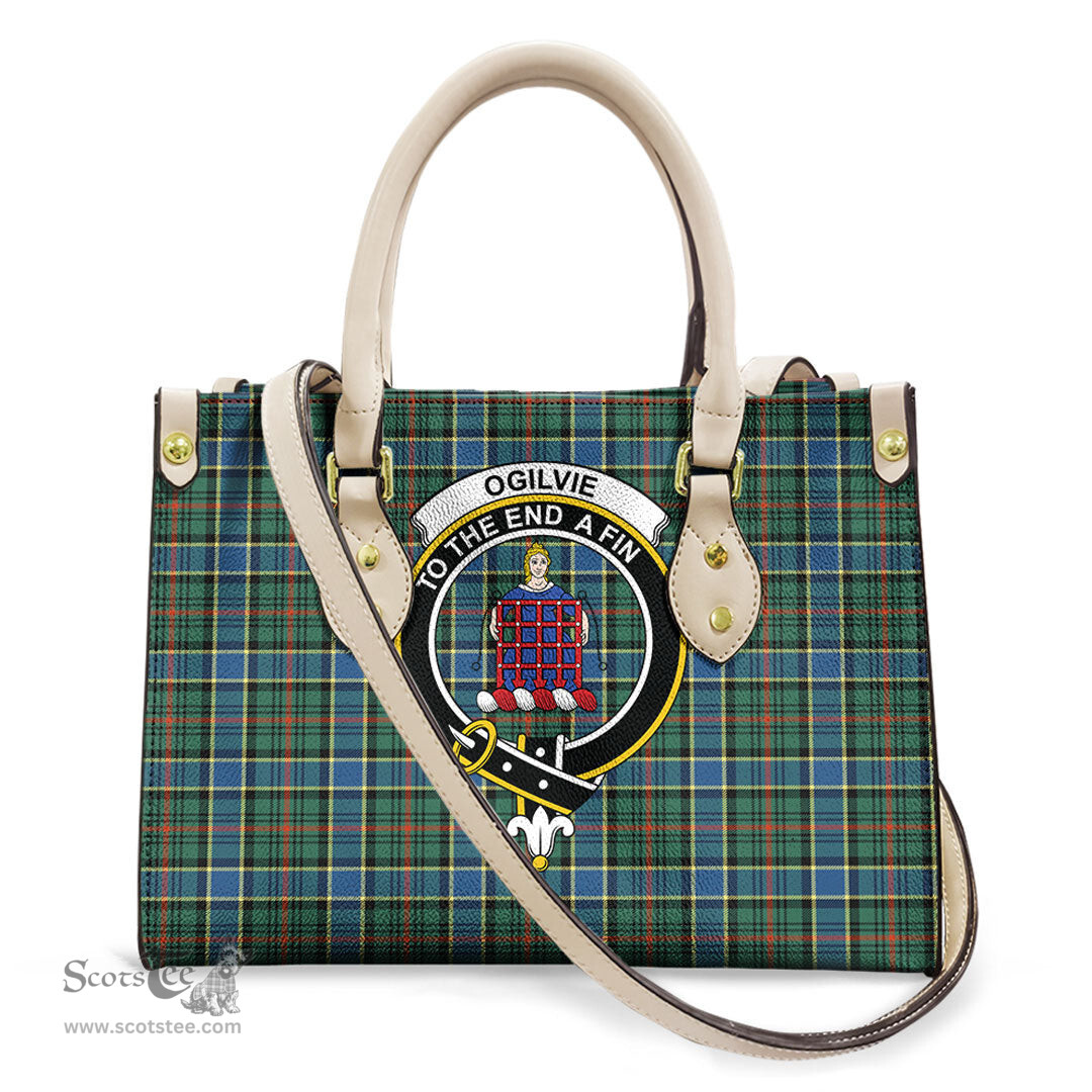 ScotsTee Shop Scottish Ogilvie Hunting Ancient Clan Crest Tartan Leather Bag with Shoulder Strap