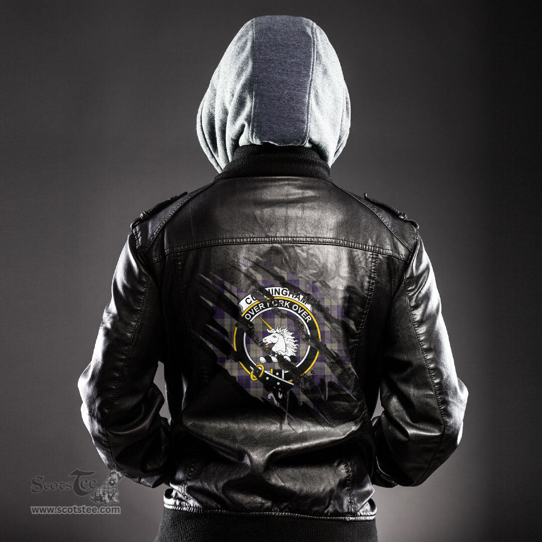 ScotsTee Shop Scottish Cunningham Dress Blue Dancers Clan Crest Tartan Scratch Tartan Leather Jacket