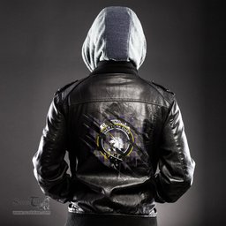 ScotsTee Shop Scottish Cunningham Dress Blue Dancers Clan Crest Tartan Scratch Tartan Leather Jacket