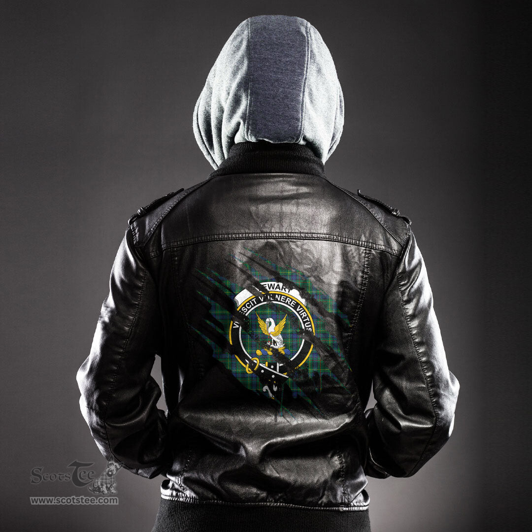 ScotsTee Shop Scottish Stewart Hunting Modern Clan Crest Tartan Scratch Tartan Leather Jacket