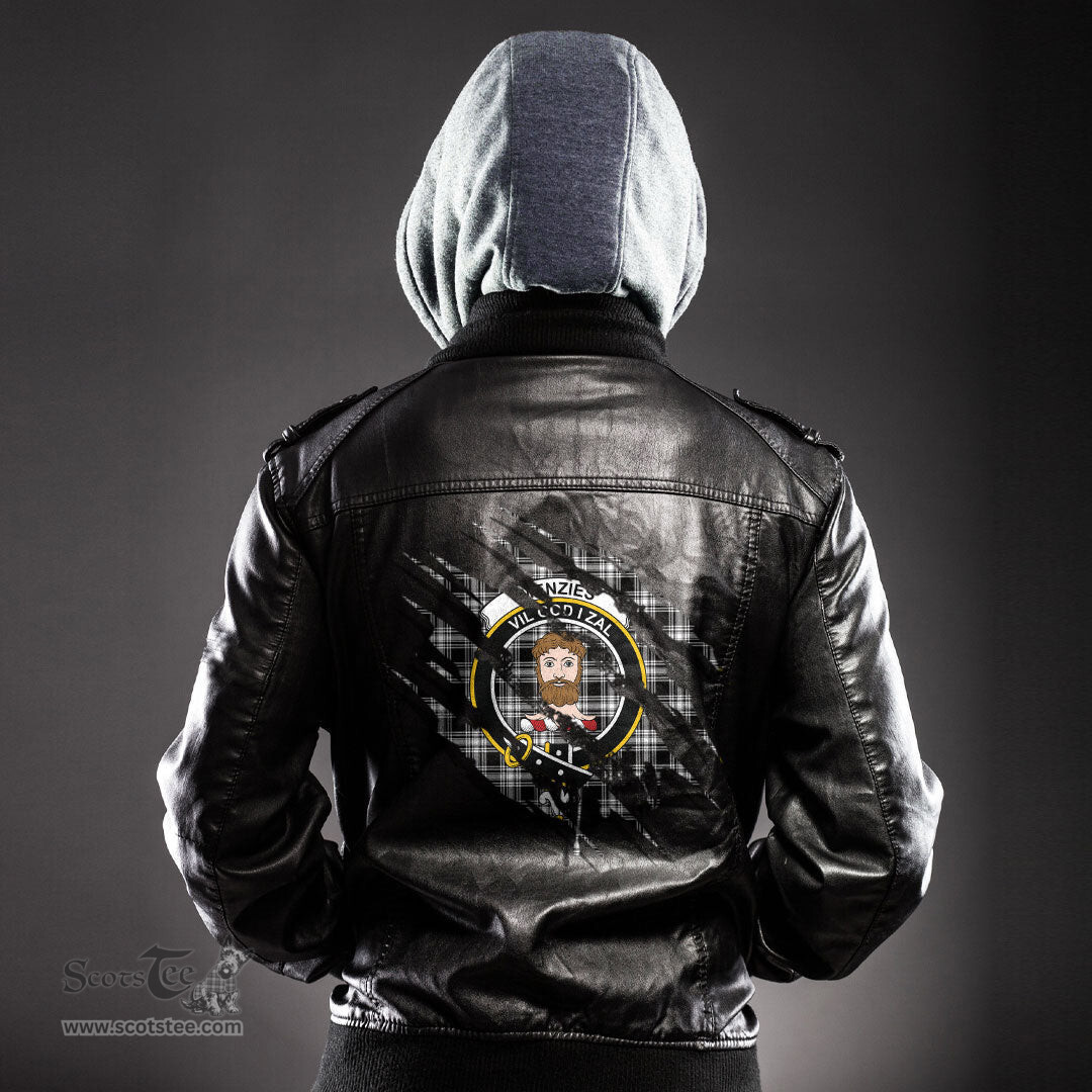 ScotsTee Shop Scottish Menzies Black White Modern Clan Crest Tartan Scratch Tartan Leather Jacket