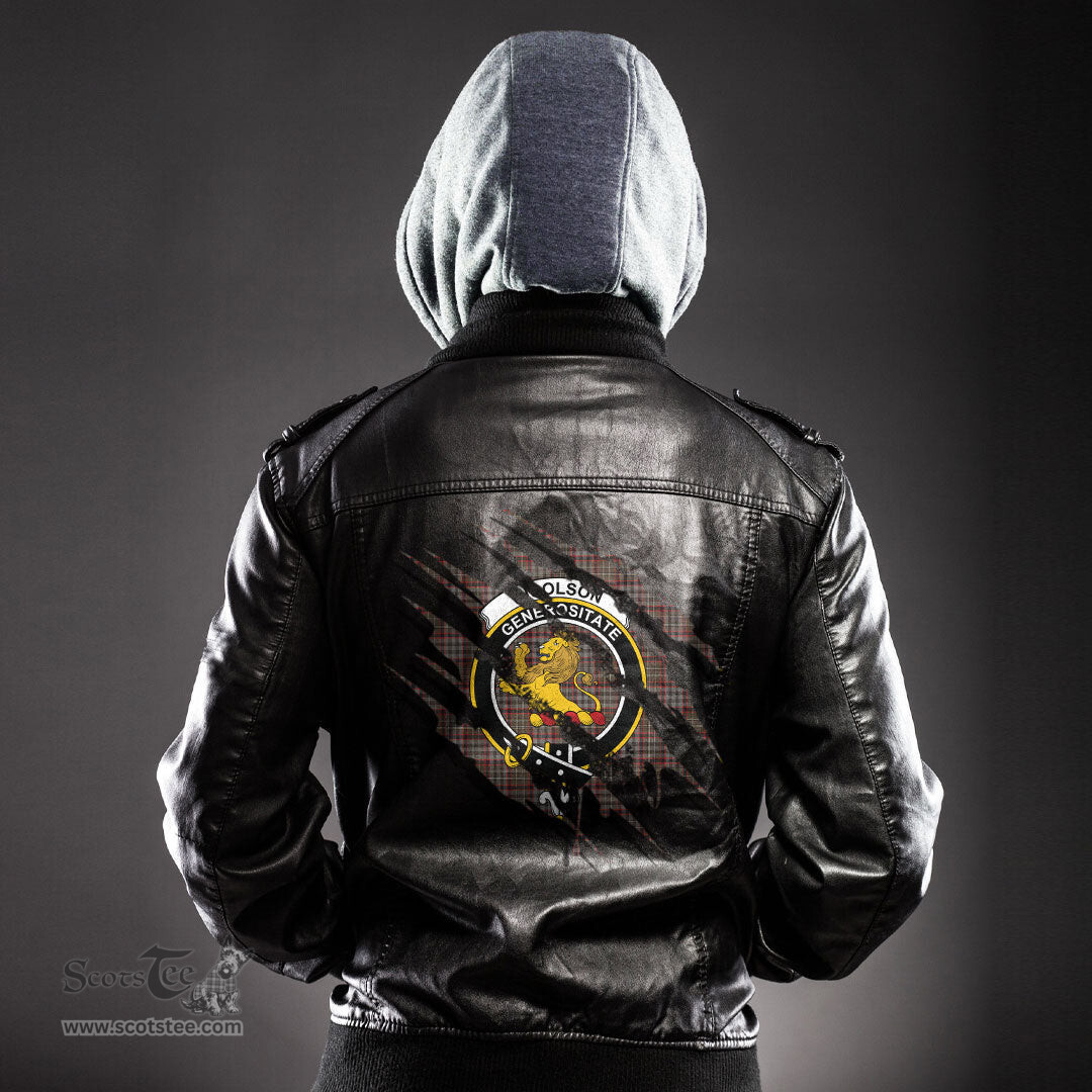 ScotsTee Shop Scottish Nicolson Hunting Weathered Clan Crest Tartan Scratch Tartan Leather Jacket