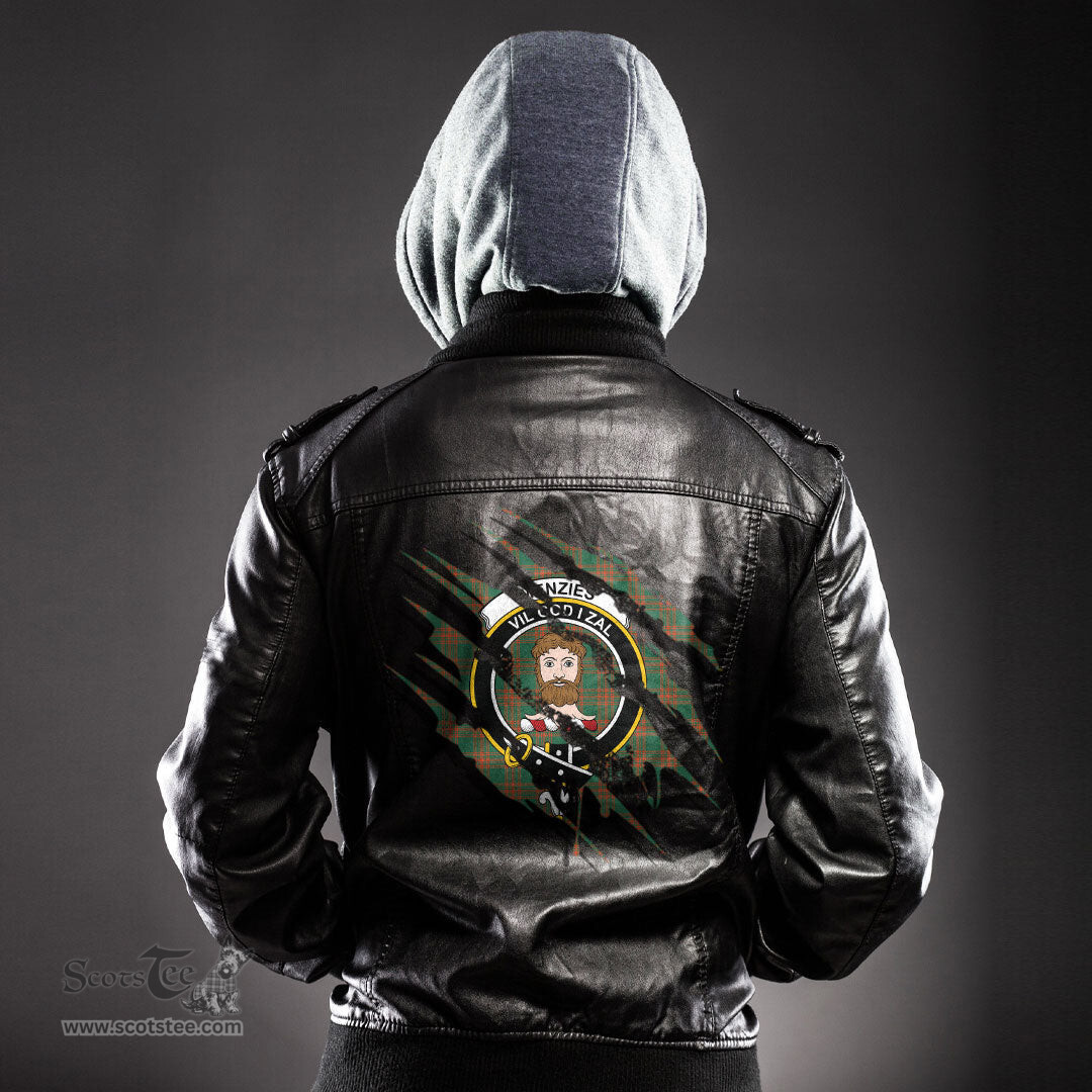 ScotsTee Shop Scottish Menzies Green Ancient Clan Crest Tartan Scratch Tartan Leather Jacket