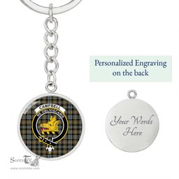ScotsTee Shop Scottish Campbell Argyll Weathered Clan Crest Circle Pendant Tartan Luxury Keychain - Personalized Engraving