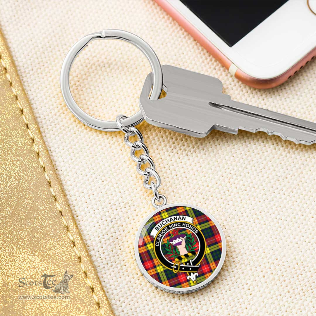 ScotsTee Shop Scottish Buchanan Modern Clan Crest Circle Pendant Tartan Luxury Keychain - Personalized Engraving